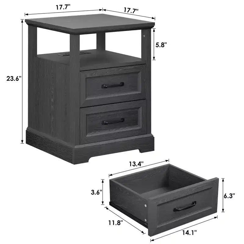 Table de chevet rustique moderne avec station de charge, 2 tiroirs et étagère ouverte