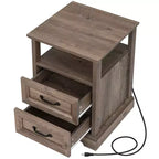 Table de chevet rustique moderne avec station de charge, 2 tiroirs et étagère ouverte