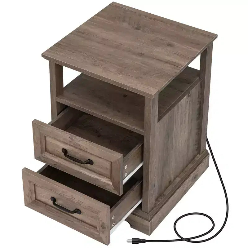 Table de chevet rustique moderne avec station de charge, 2 tiroirs et étagère ouverte