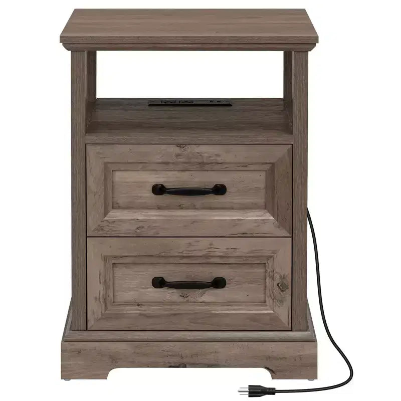 Table de chevet rustique moderne avec station de charge, 2 tiroirs et étagère ouverte