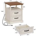 Table de chevet rustique moderne avec station de charge, 2 tiroirs et étagère ouverte