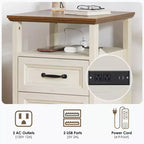 Table de chevet rustique moderne avec station de charge, 2 tiroirs et étagère ouverte