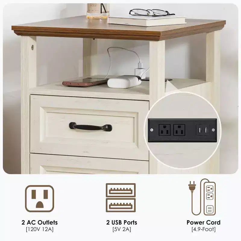 Table de chevet rustique moderne avec station de charge, 2 tiroirs et étagère ouverte