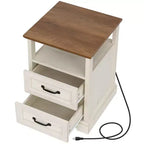 Table de chevet rustique moderne avec station de charge, 2 tiroirs et étagère ouverte