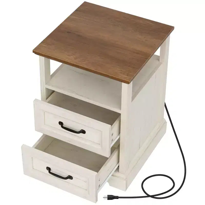 Table de chevet rustique moderne avec station de charge, 2 tiroirs et étagère ouverte