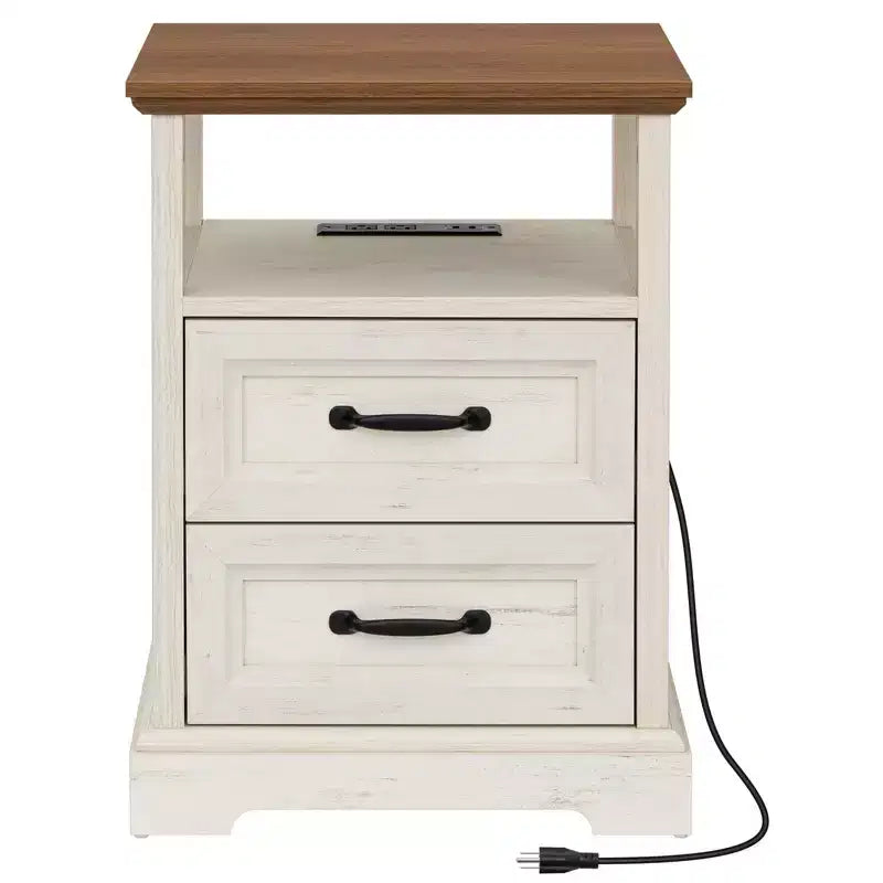 Table de chevet rustique moderne avec station de charge, 2 tiroirs et étagère ouverte