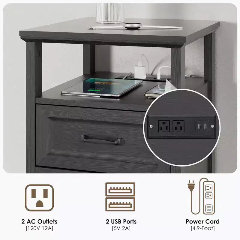Table de chevet rustique moderne avec station de charge, 2 tiroirs et étagère ouverte