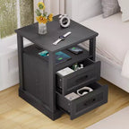 Table de chevet rustique moderne avec station de charge, 2 tiroirs et étagère ouverte