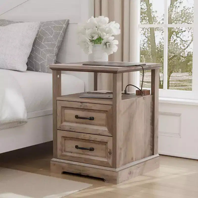 Table de chevet rustique moderne avec station de charge, 2 tiroirs et étagère ouverte