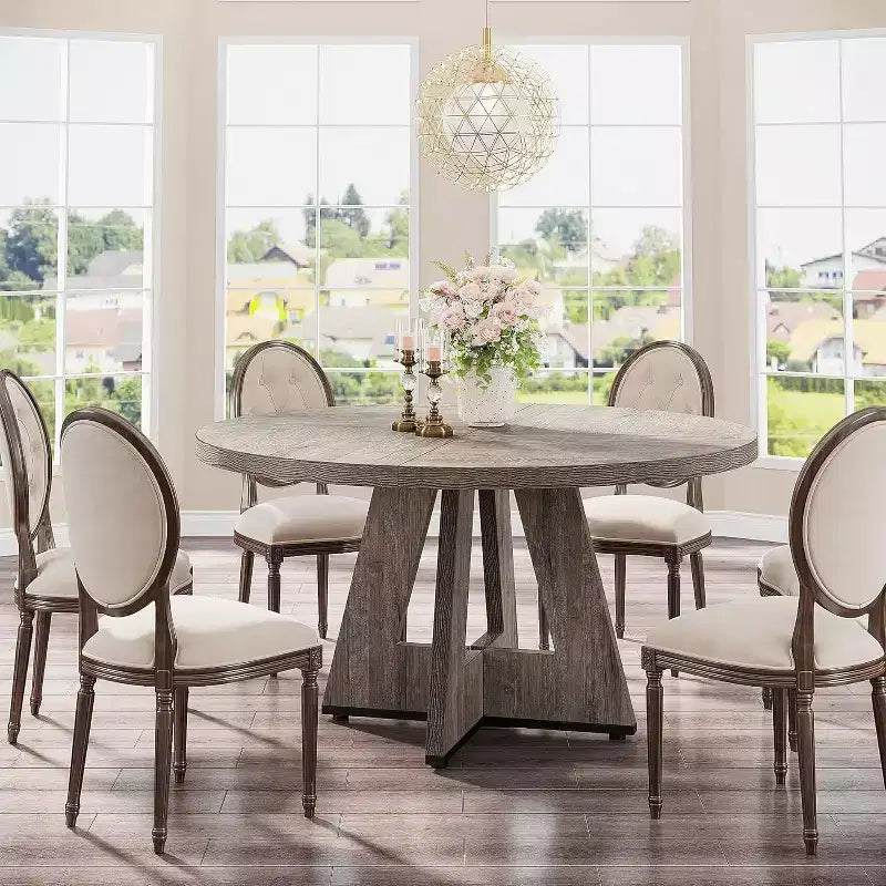 Grande table à manger ronde en bois de ferme avec piètement croisé, table de cuisine en bois pour salle à manger, coin petit-déjeuner