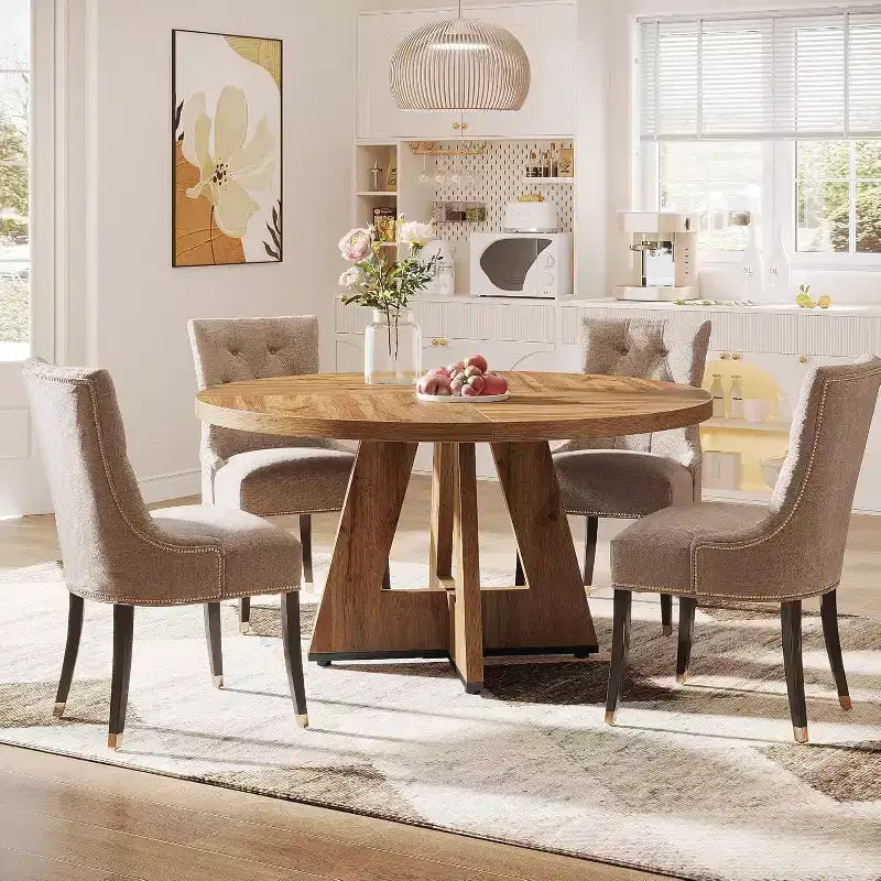 Grande table à manger ronde en bois de ferme avec piètement croisé, table de cuisine en bois pour salle à manger, coin petit-déjeuner