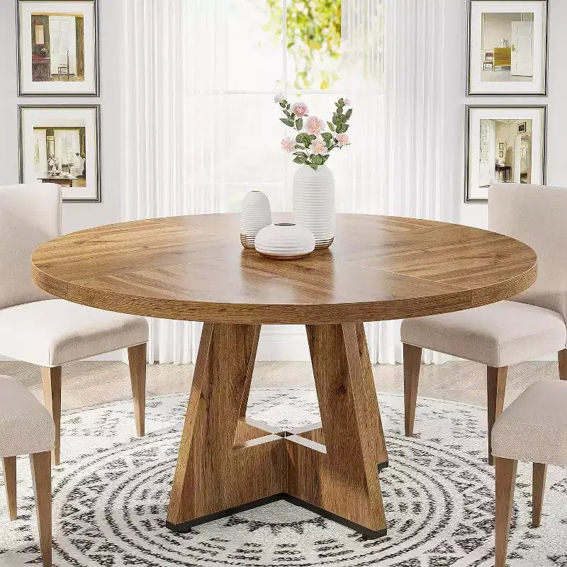 Grande table à manger ronde en bois de ferme avec piètement croisé, table de cuisine en bois pour salle à manger, coin petit-déjeuner