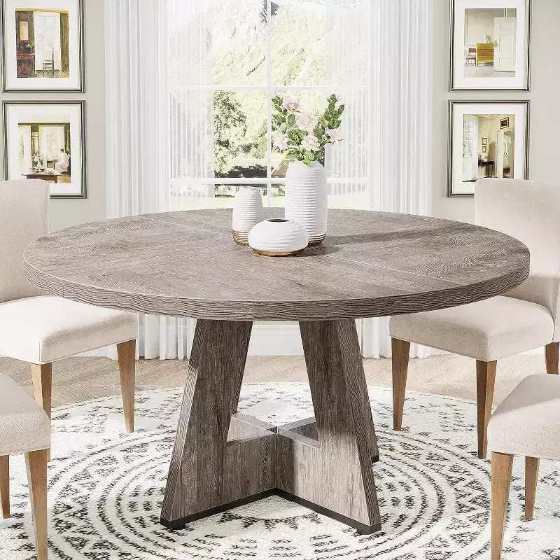 Grande table à manger ronde en bois de ferme avec piètement croisé, table de cuisine en bois pour salle à manger, coin petit-déjeuner