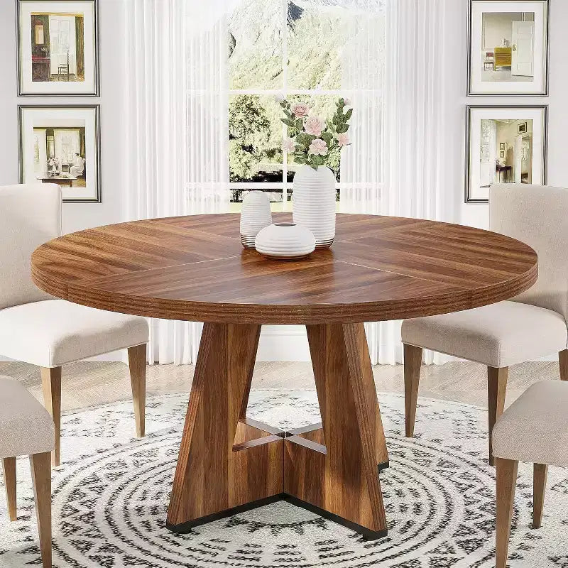 Grande table à manger ronde en bois de ferme avec piètement croisé, table de cuisine en bois pour salle à manger, coin petit-déjeuner
