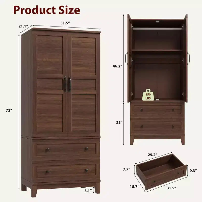 Armoire avec 2 tiroirs, armoire en bois de 72 po avec tringle de suspension, grande armoire à vêtements avec portes