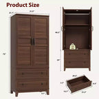 Armoire avec 2 tiroirs, armoire en bois de 72 po avec tringle de suspension, grande armoire à vêtements avec portes