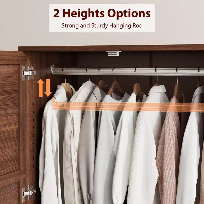Armoire avec 2 tiroirs, armoire en bois de 72 po avec tringle de suspension, grande armoire à vêtements avec portes