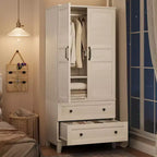 Coolmee Armoire Wardrobe Closet with 2 Drawers, 72 Wooden Wardrobe Cabinet with Hanging Rod, Tall Clothing Armoire Cabinet with Doors