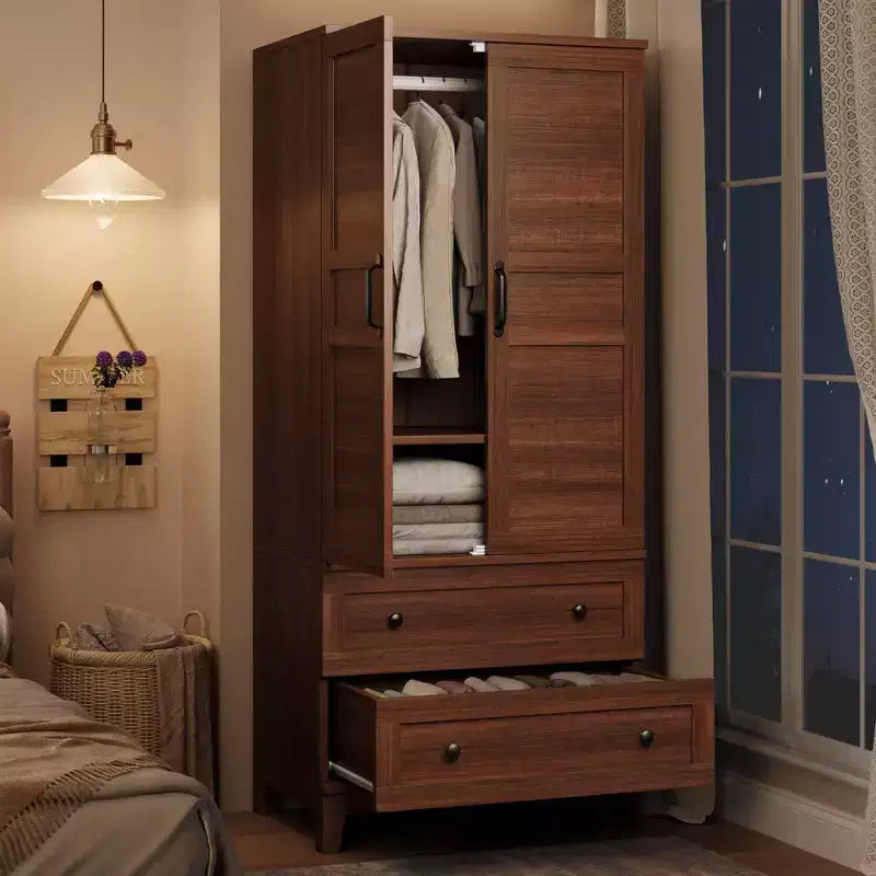 Armoire avec 2 tiroirs, armoire en bois de 72 po avec tringle de suspension, grande armoire à vêtements avec portes