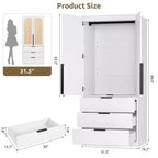 Armoire penderie en rotin avec 3 tiroirs et 2 portes, Placard en bois pour suspendre les vêtements, Grande armoire de chambre à coucher