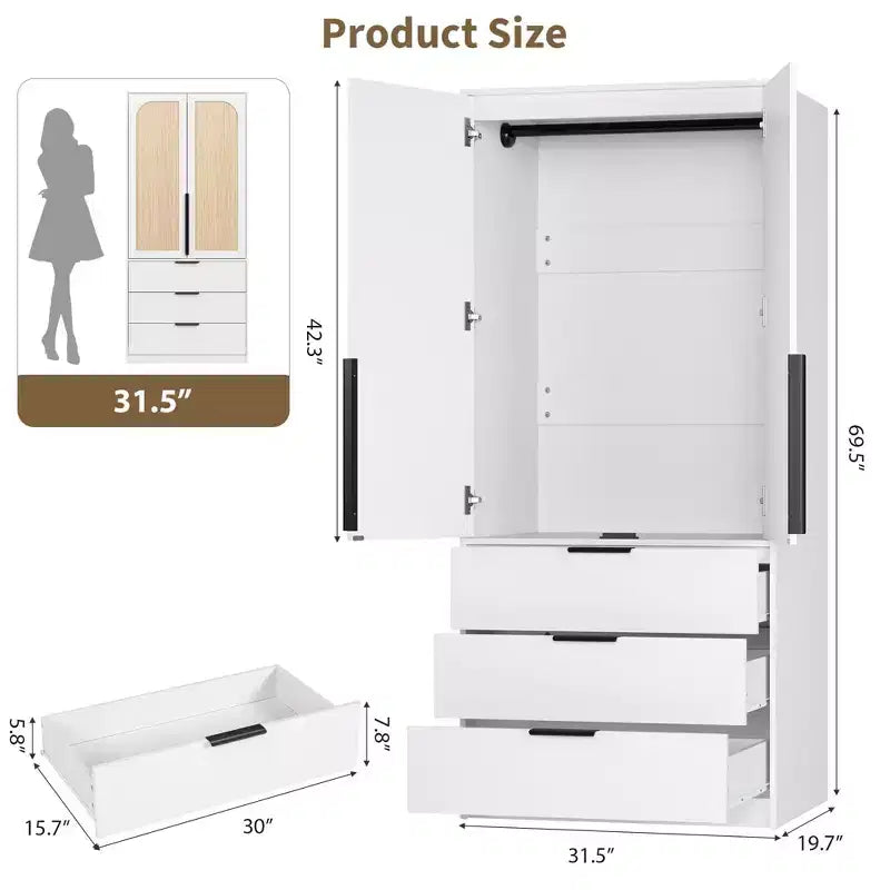 Armoire penderie en rotin avec 3 tiroirs et 2 portes, Placard en bois pour suspendre les vêtements, Grande armoire de chambre à coucher