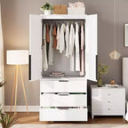 Armoire penderie en rotin avec 3 tiroirs et 2 portes, Placard en bois pour suspendre les vêtements, Grande armoire de chambre à coucher
