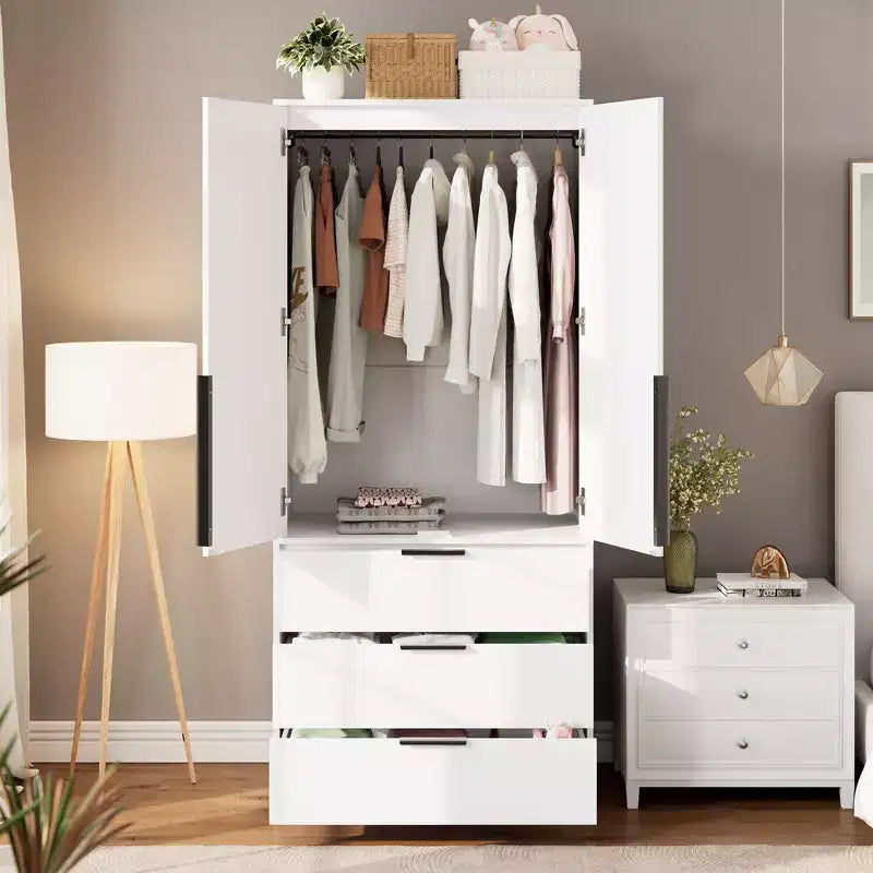 Armoire penderie en rotin avec 3 tiroirs et 2 portes, Placard en bois pour suspendre les vêtements, Grande armoire de chambre à coucher