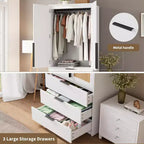 Armoire penderie en rotin avec 3 tiroirs et 2 portes, Placard en bois pour suspendre les vêtements, Grande armoire de chambre à coucher
