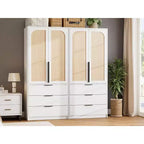 Armoire penderie en rotin avec 3 tiroirs et 2 portes, Placard en bois pour suspendre les vêtements, Grande armoire de chambre à coucher