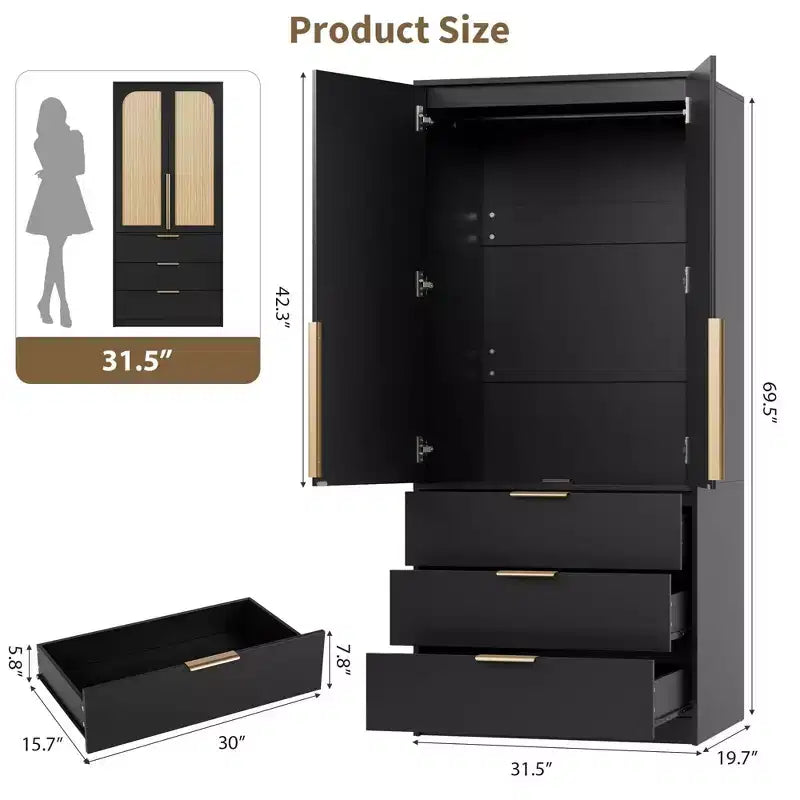 Armoire penderie en rotin avec 3 tiroirs et 2 portes, Placard en bois pour suspendre les vêtements, Grande armoire de chambre à coucher