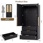 Armoire penderie en rotin avec 3 tiroirs et 2 portes, Placard en bois pour suspendre les vêtements, Grande armoire de chambre à coucher