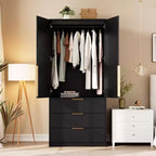 Armoire penderie en rotin avec 3 tiroirs et 2 portes, Placard en bois pour suspendre les vêtements, Grande armoire de chambre à coucher