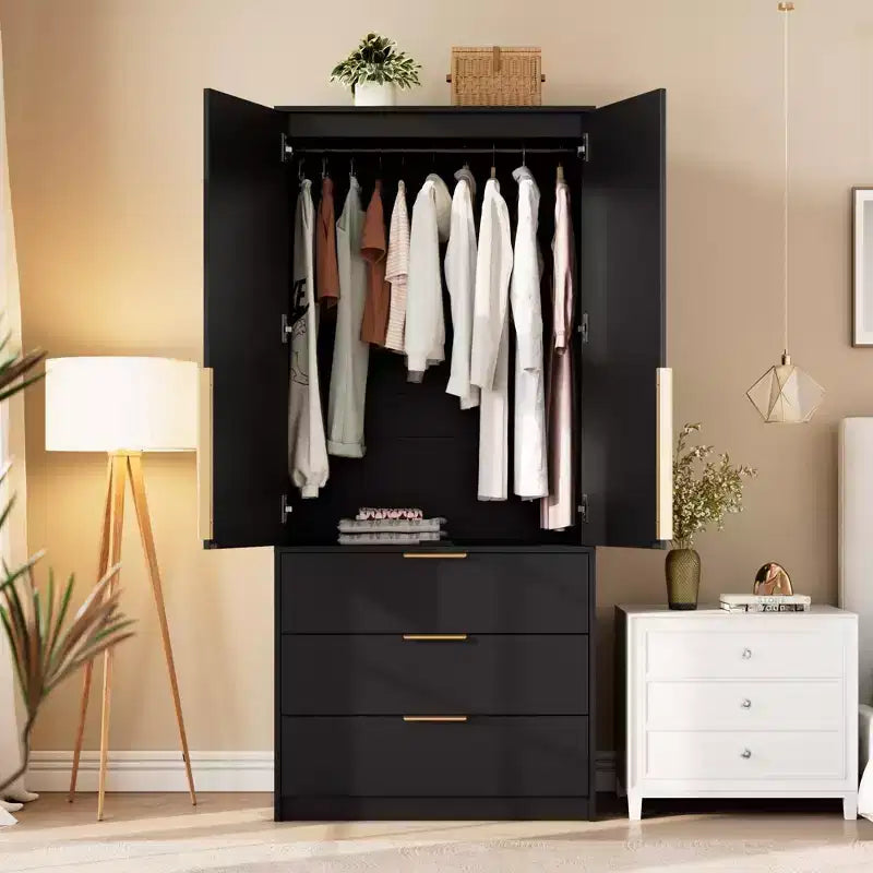 Armoire penderie en rotin avec 3 tiroirs et 2 portes, Placard en bois pour suspendre les vêtements, Grande armoire de chambre à coucher