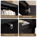 Armoire penderie en rotin avec 3 tiroirs et 2 portes, Placard en bois pour suspendre les vêtements, Grande armoire de chambre à coucher