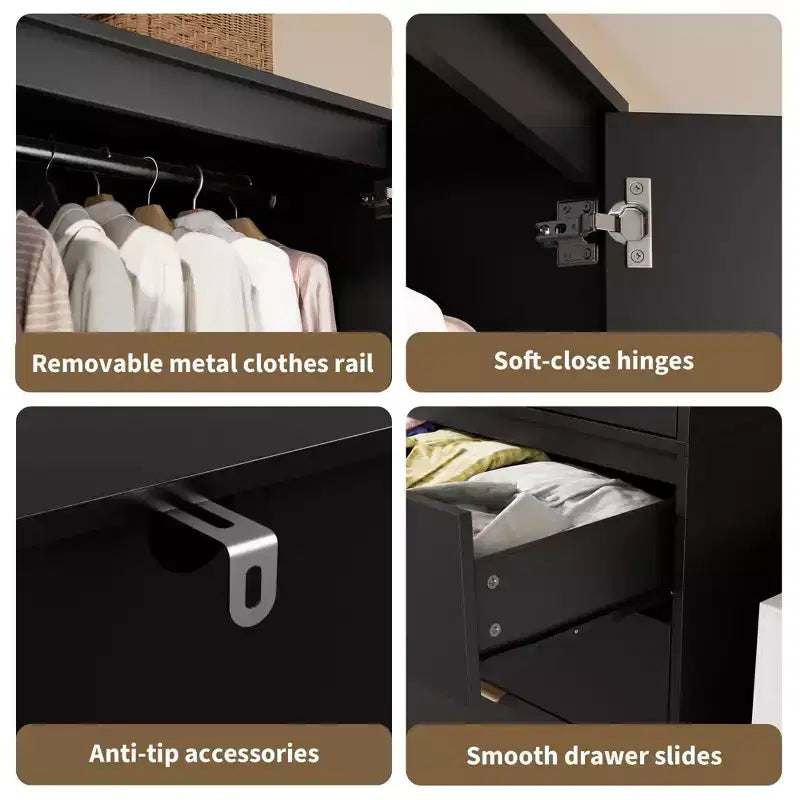 Armoire penderie en rotin avec 3 tiroirs et 2 portes, Placard en bois pour suspendre les vêtements, Grande armoire de chambre à coucher
