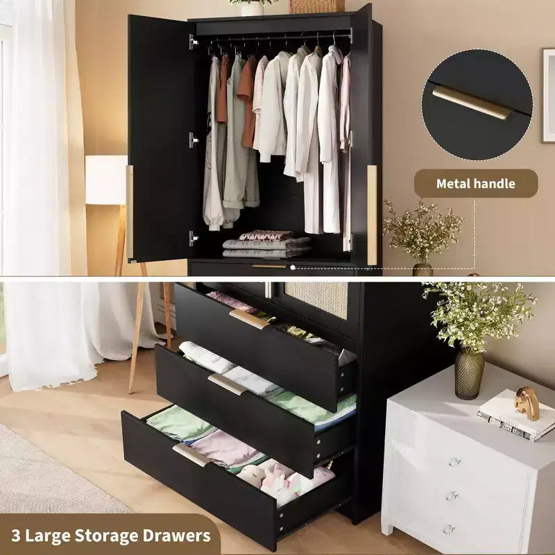 Armoire penderie en rotin avec 3 tiroirs et 2 portes, Placard en bois pour suspendre les vêtements, Grande armoire de chambre à coucher