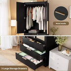 Armoire penderie en rotin avec 3 tiroirs et 2 portes, Placard en bois pour suspendre les vêtements, Grande armoire de chambre à coucher