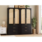 Armoire penderie en rotin avec 3 tiroirs et 2 portes, Placard en bois pour suspendre les vêtements, Grande armoire de chambre à coucher