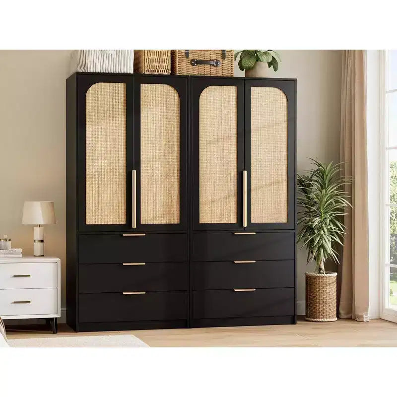 Armoire penderie en rotin avec 3 tiroirs et 2 portes, Placard en bois pour suspendre les vêtements, Grande armoire de chambre à coucher