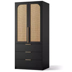 Armoire penderie en rotin avec 3 tiroirs et 2 portes, Placard en bois pour suspendre les vêtements, Grande armoire de chambre à coucher