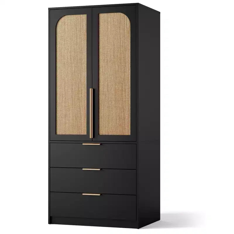 Armoire penderie en rotin avec 3 tiroirs et 2 portes, Placard en bois pour suspendre les vêtements, Grande armoire de chambre à coucher