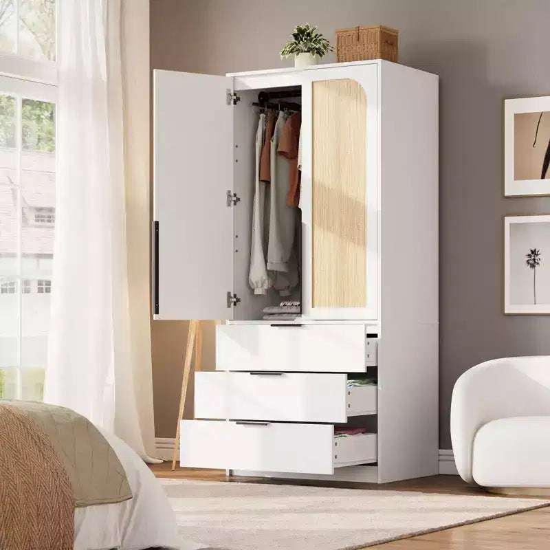 Armoire penderie en rotin avec 3 tiroirs et 2 portes, Placard en bois pour suspendre les vêtements, Grande armoire de chambre à coucher