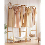 Portant à vêtements avec étagère de rangement, Portant à vêtements autoportant en bambou pour chambre à coucher, balcon, magasin de vêtements, Organiseur de rangement de vêtements, Bois