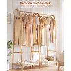 Portant à vêtements avec étagère de rangement, Portant à vêtements autoportant en bambou pour chambre à coucher, balcon, magasin de vêtements, Organiseur de rangement de vêtements, Bois
