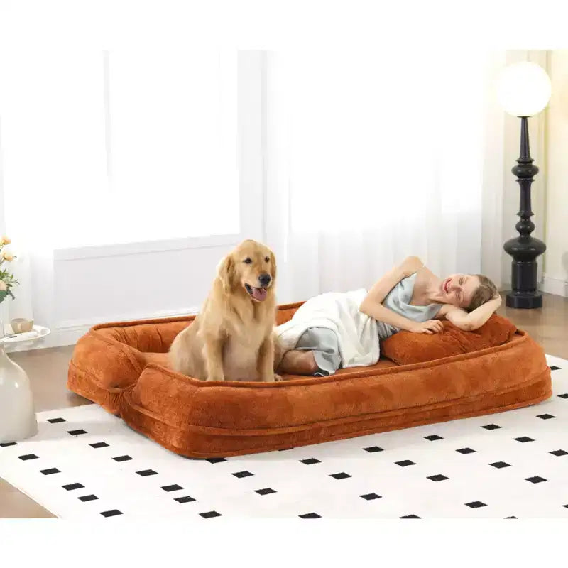 Grand pouf poire lit pour humain et chien avec 5 positions réglables, canapé 2-en-1 en chenille extra paresseux pour vous et vos animaux de compagnie