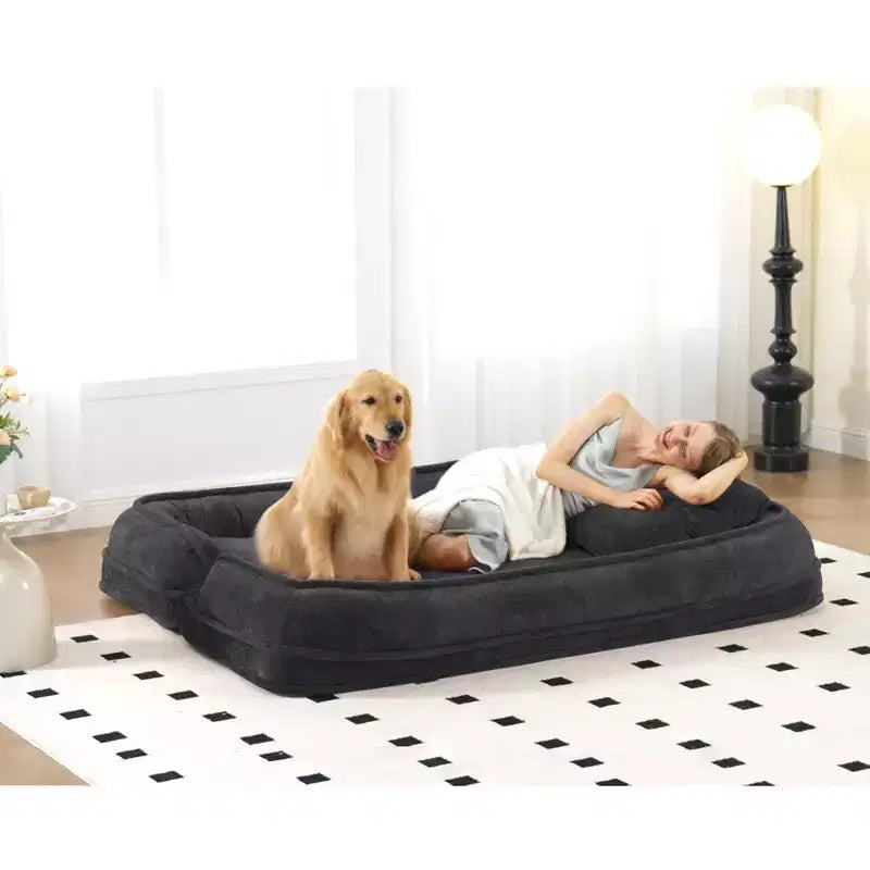 Grand pouf poire lit pour humain et chien avec 5 positions réglables, canapé 2-en-1 en chenille extra paresseux pour vous et vos animaux de compagnie