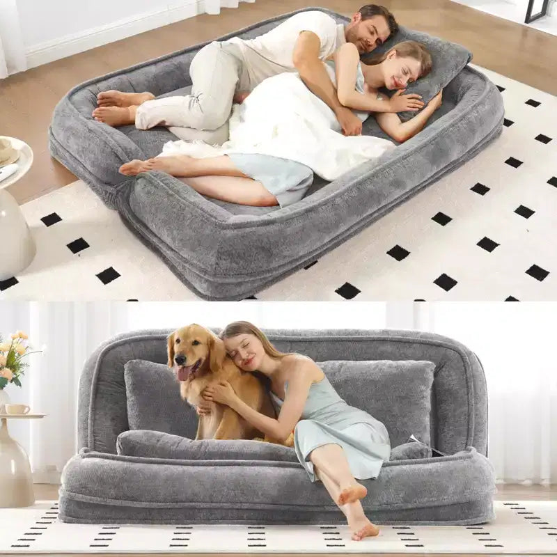 Grand pouf poire lit pour humain et chien avec 5 positions réglables, canapé 2-en-1 en chenille extra paresseux pour vous et vos animaux de compagnie
