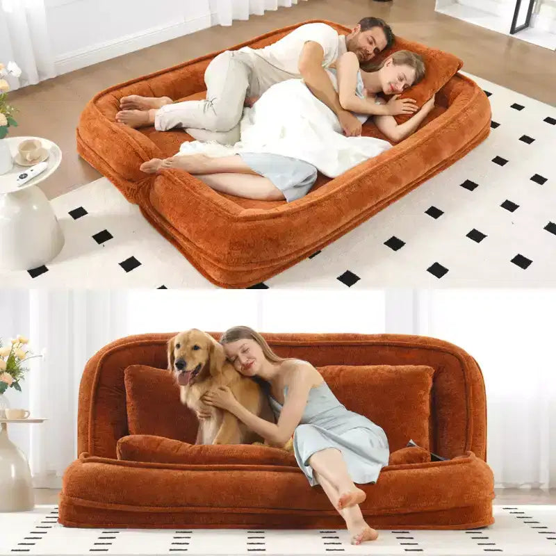 Grand pouf poire lit pour humain et chien avec 5 positions réglables, canapé 2-en-1 en chenille extra paresseux pour vous et vos animaux de compagnie