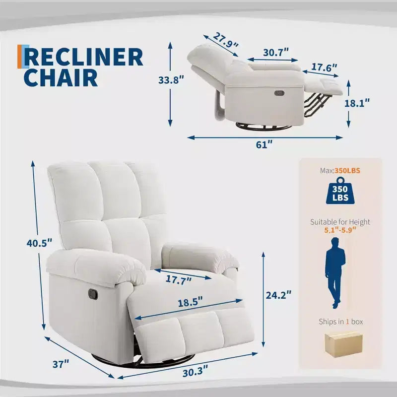 Fauteuil inclinable manuel, fauteuil inclinable, pivotant à 360 degrés, avec accoudoirs rembourrés, pour salon