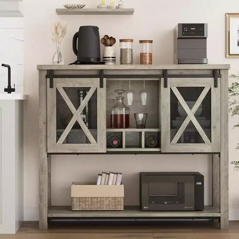 Meuble Buffet de Rangement, Meuble Bar à Café, Table Console avec Portes Coulissantes Type Grange, Table d'Entrée avec Étagère de Rangement et Porte-Bouteilles